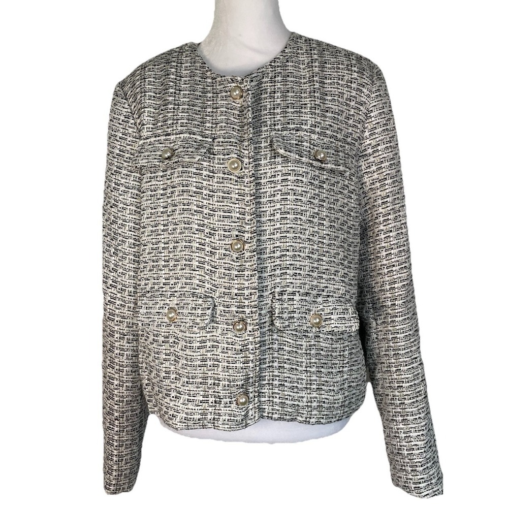 Rachel Zoe Black White Gold Metallic Tweed Pearl‎ Button Blazer Jacket Womens L
